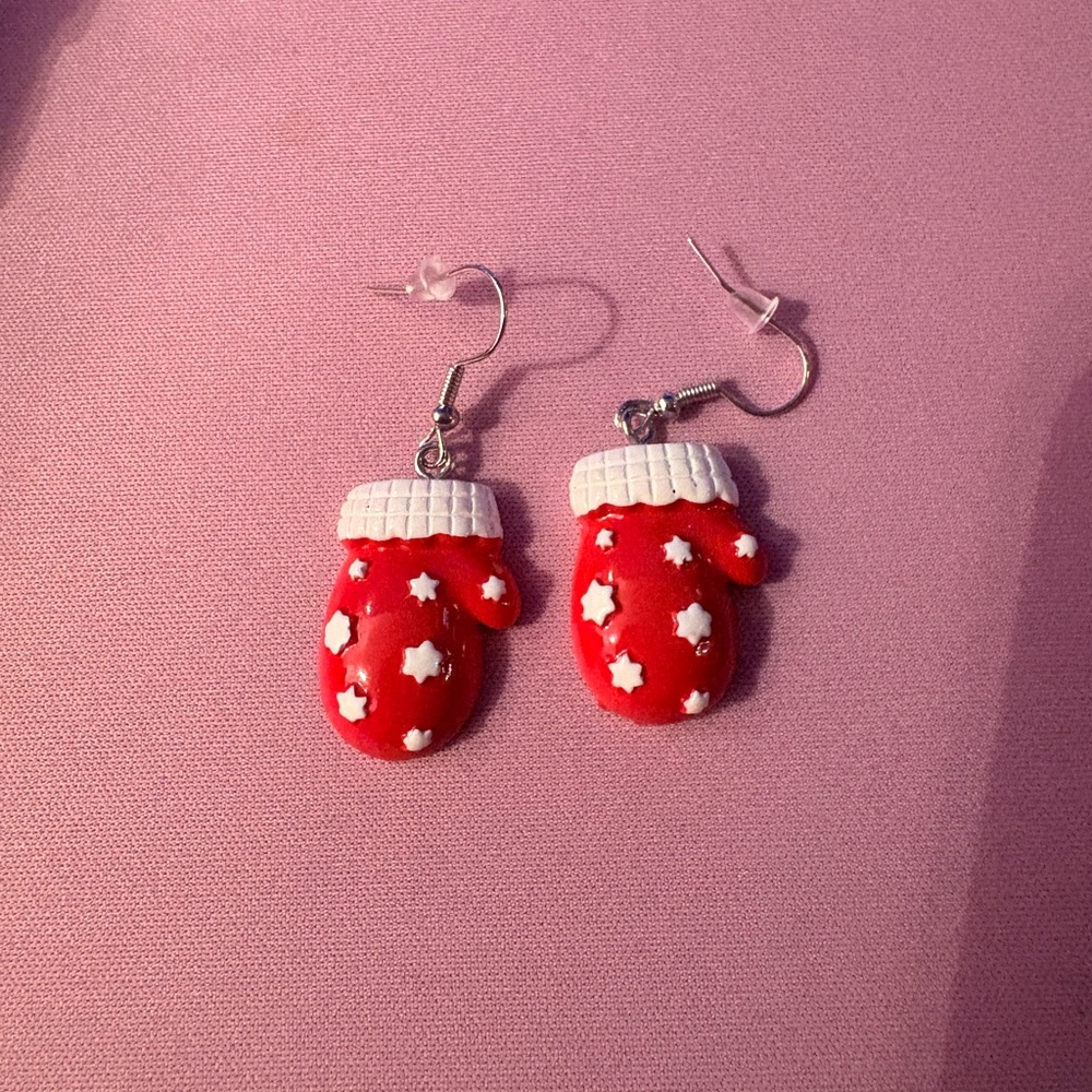 Hand painted Red Mitten Earrings